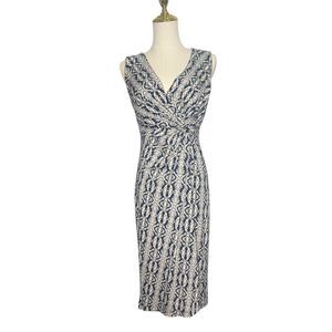 Jigsaw Women’s Small Luxury Midi Dress Blue White Twist Front V-Neck